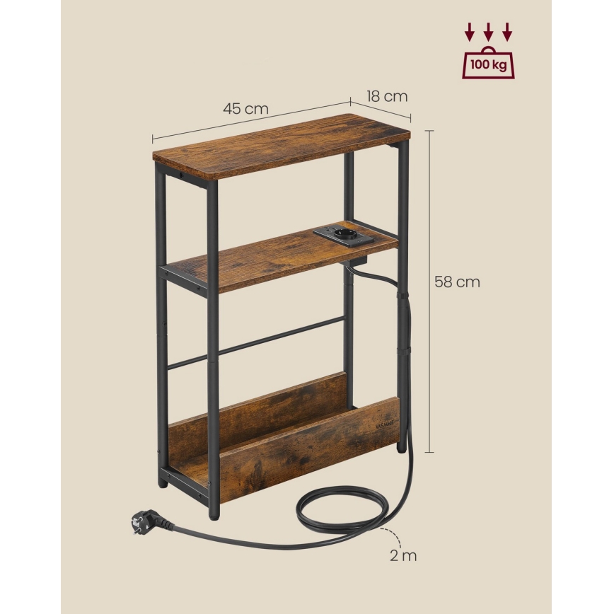 Странична масичка с вградена розетка и USB портове ROD кафява/черна