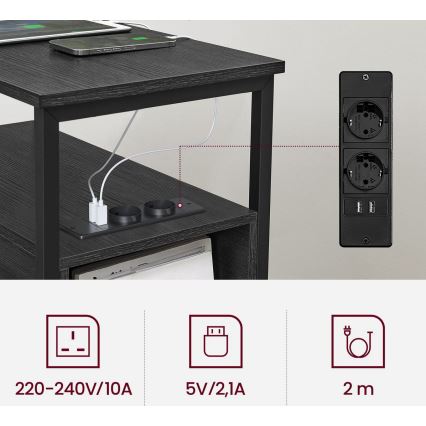 Странична масичка ROD с вградени контакти и USB портове, черна