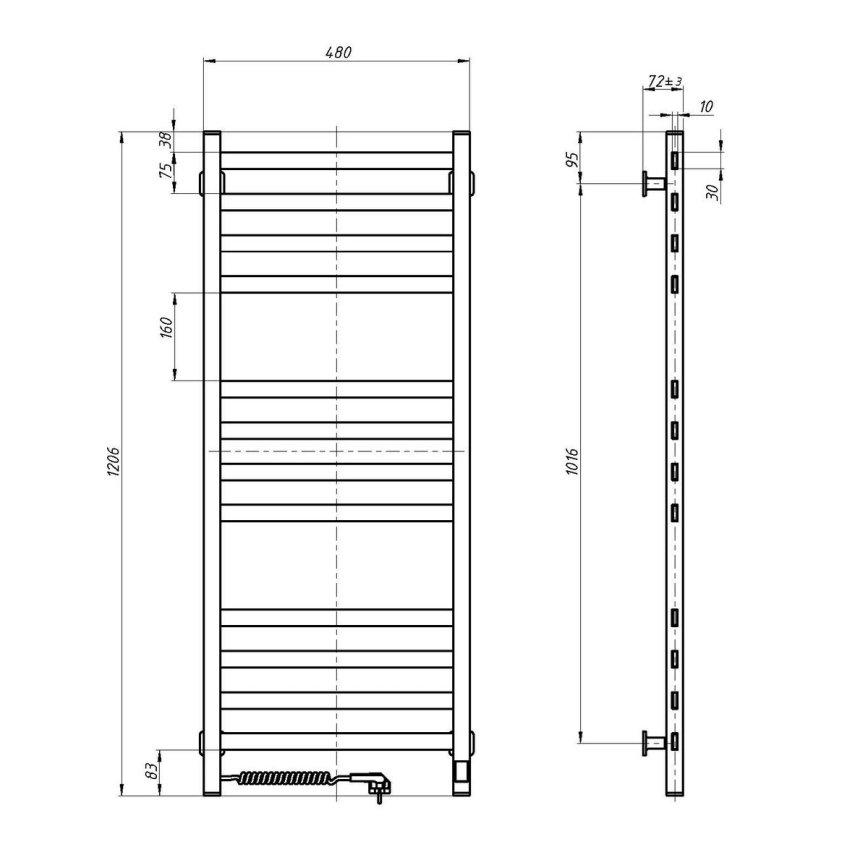 Стълбов радиатор за баня с термостат AVANGARD 227W 120x48 cm, черен, ляв