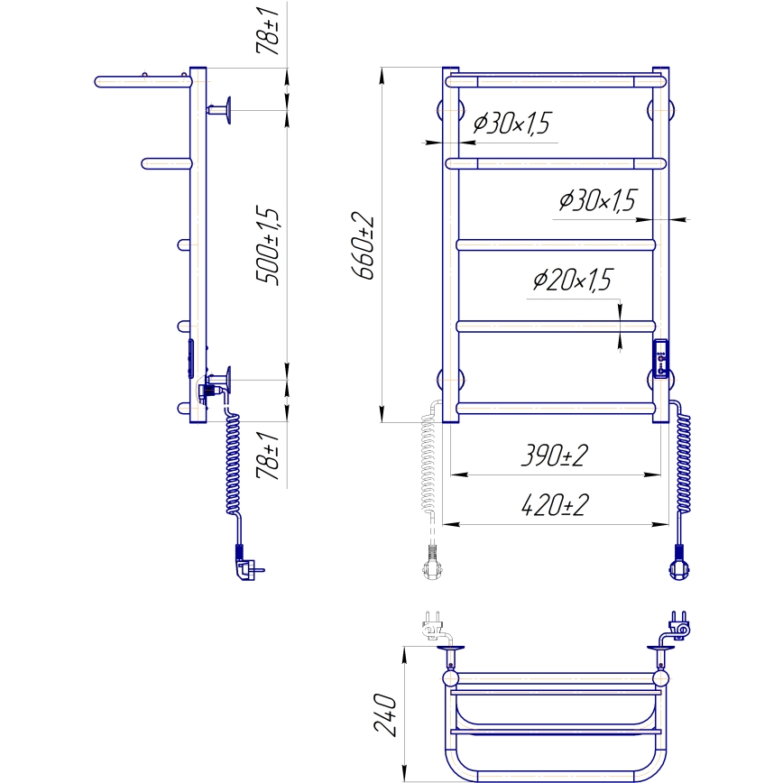 Стълбовиден радиатор за баня HOTEL 75W/230V 65x43 cm неръждаема стомана/черен, десен