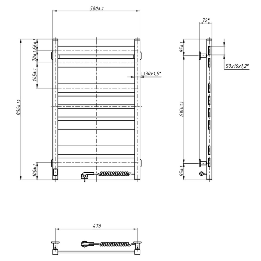 Лира за баня с термостат LARGO 432W/230V 80,6 cm IP44, бяла, дясна, с квадратен профил