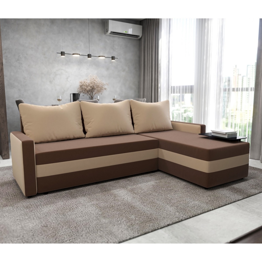 Тапициран универсален разтегателен L-образен диван BRISTOL кафяв/бежов