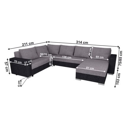 Тапициран универсален разтегателен U-образен диван YORK, сив/черен