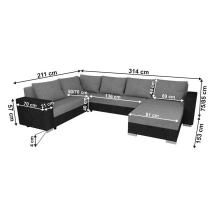 Тапицирана универсална разтегателна U-образна холна гарнитура YORK бяла/сива
