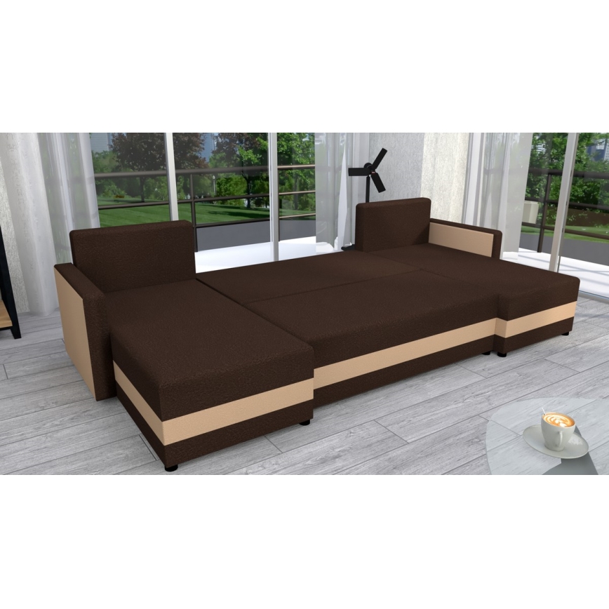 Тапицирана универсална разтегателна U-образна ъглова холна гарнитура BRISTOL, кафява/бежова