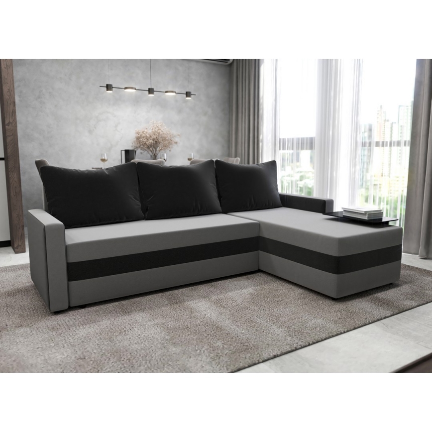 Тапицирана универсална разтегателна ъглова холна гарнитура в L-форма BRISTOL, сива/черна