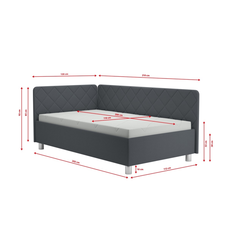 Тапицирано ежедневно легло с място за съхранение и матрак EMILE 110x200 см сив