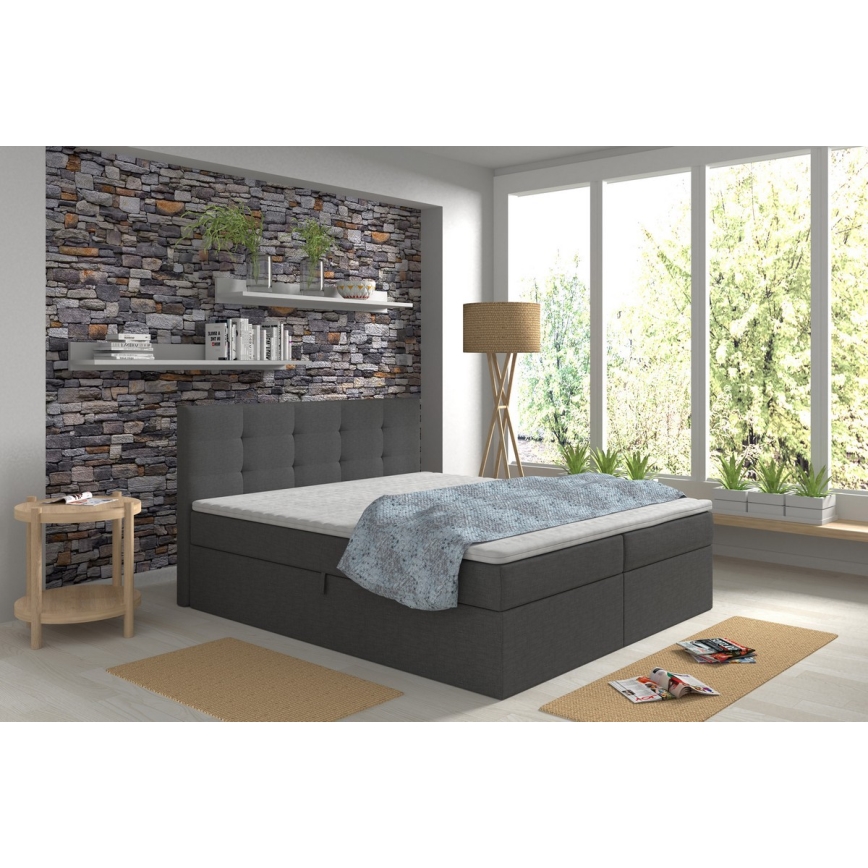Тапицирано легло EMBER 160x200 см с матраци, топ матрак и вградено място за съхранение, антрацит