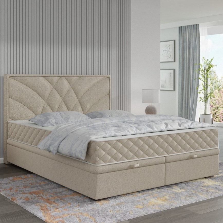 Тапицирано спално легло GINA 180x200 см с матраци и място за съхранение, бежово