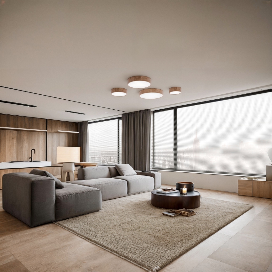 Плафон със сензор за движение и сумрак CLEO 6xE27/24W/230V Ø 80 см дъб