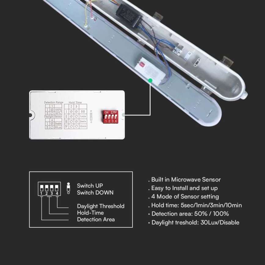 LED Техническо линейно осветително тяло със сензор за движение и за съмрак LED/48W/230V IP65 6500K 150 cm