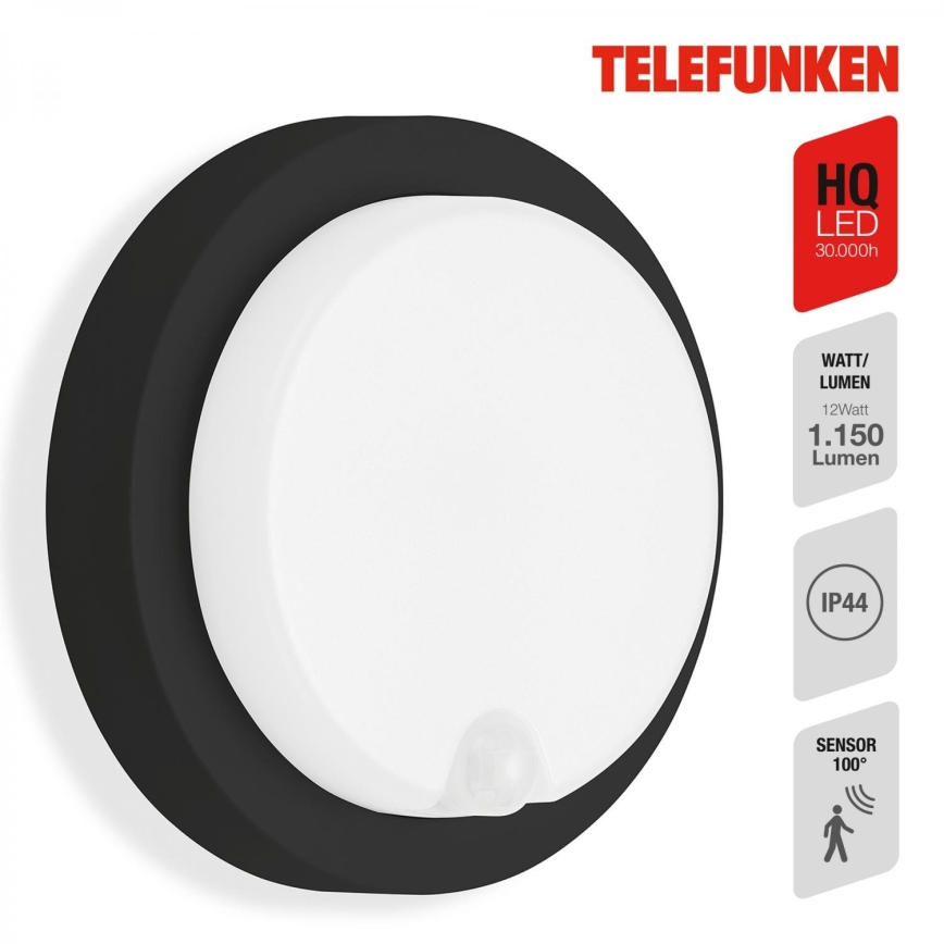 Telefunken 315305TF - LED Екстериорен аплик със сензор LED/12W/230V IP44 черен