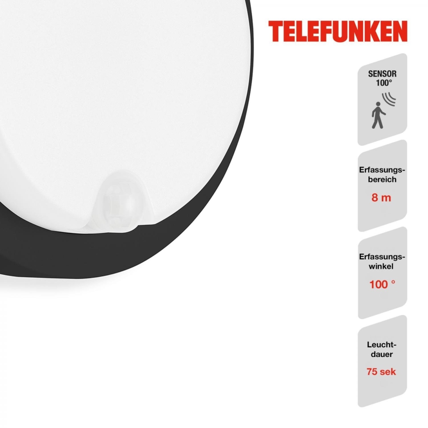 Telefunken 315305TF - LED Екстериорен аплик със сензор LED/12W/230V IP44 черен