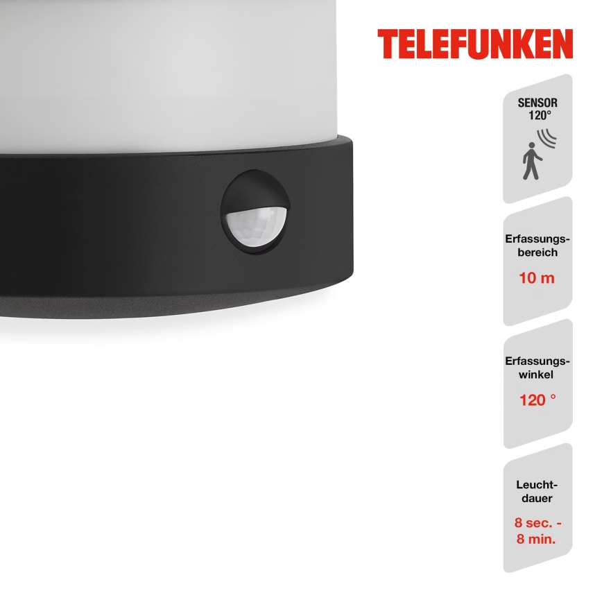 Telefunken 315505TF - LED Екстериорен аплик със сензор LED/12W/230V IP44 черен