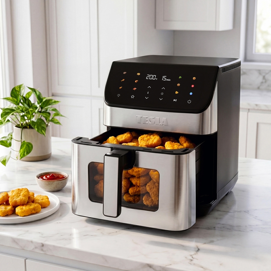 TESLA Electronics AirCook - фритюрник с горещ въздух 6,5 л 2100W/230V матов хром/черен