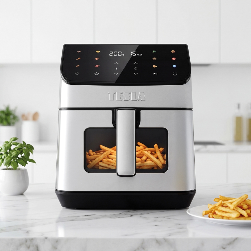 TESLA Electronics AirCook - фритюрник с горещ въздух 6,5 л 2100W/230V матов хром/черен