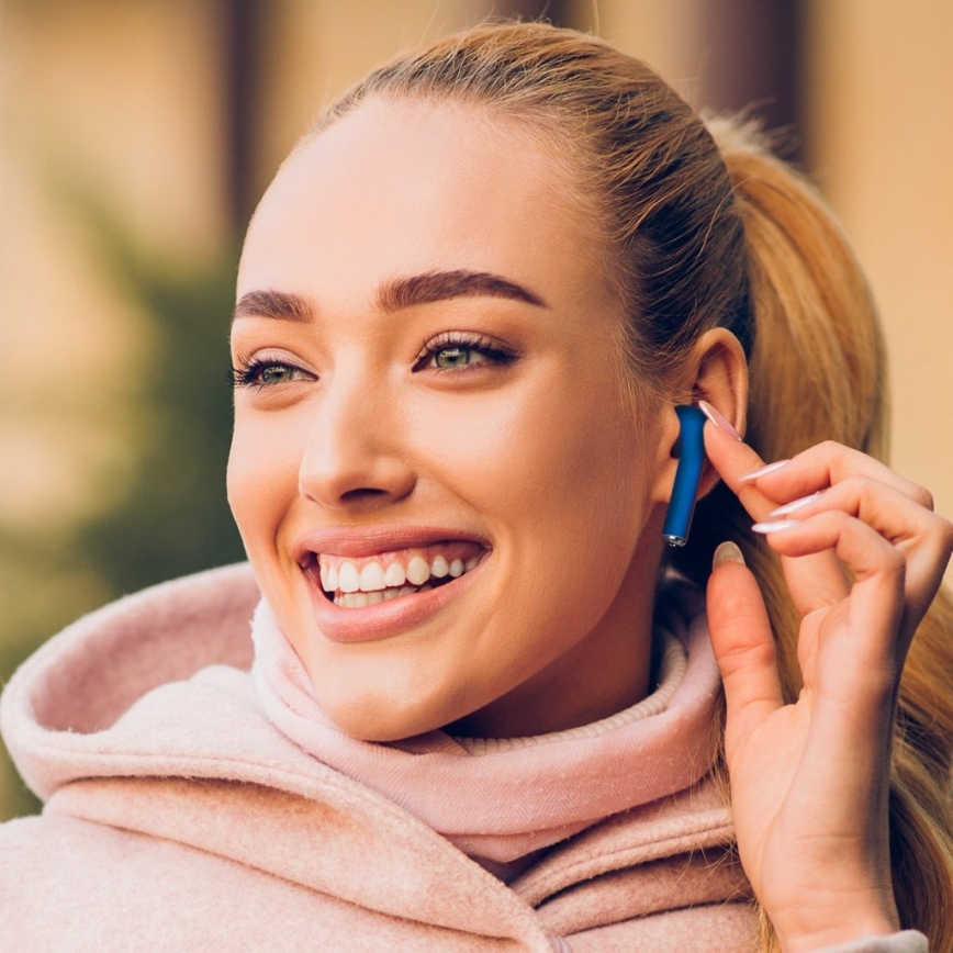 TESLA Electronics - Безжични слушалки 300 mAh + 2x 25 mAh IPX4 синьо