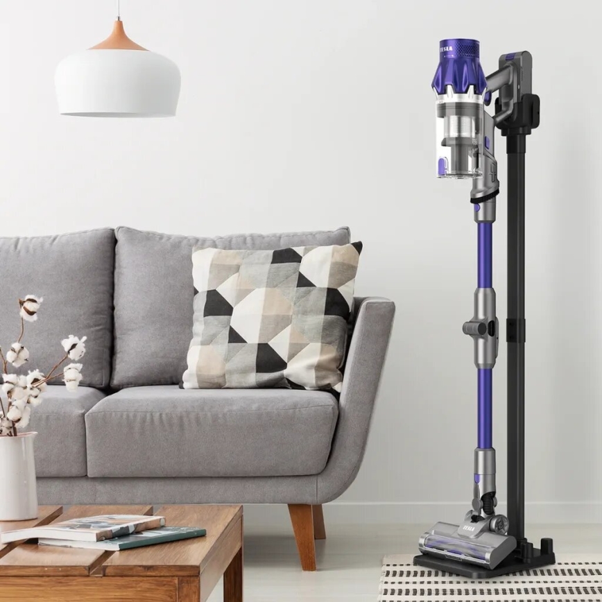 TESLA Electronics PureStar - Гъвкав безжичен прахосмукачка тип пръчка 2в1 250W/2200 mAh сив/лилав