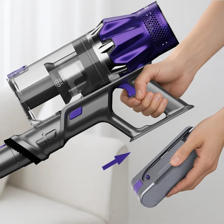 TESLA Electronics PureStar - Гъвкав безжичен прахосмукачка тип пръчка 2в1 250W/2200 mAh сив/лилав