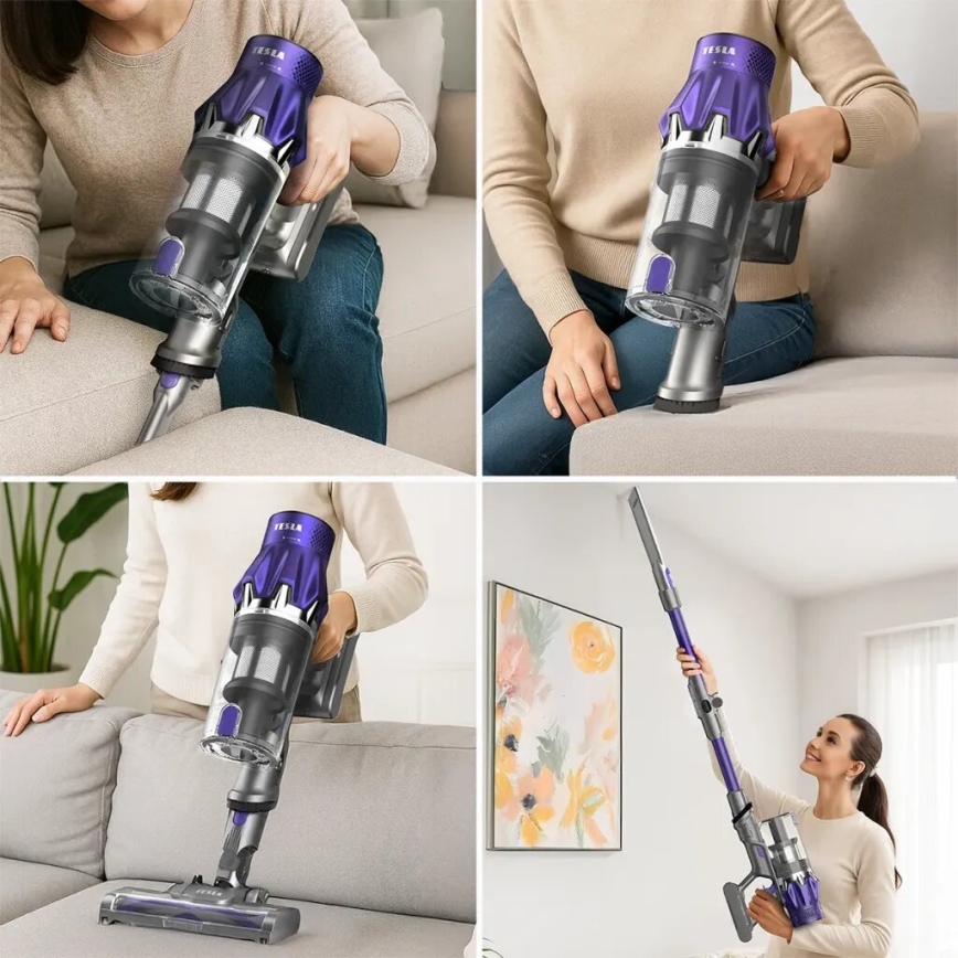 TESLA Electronics PureStar - Гъвкав безжичен прахосмукачка тип пръчка 2в1 250W/2200 mAh сив/лилав