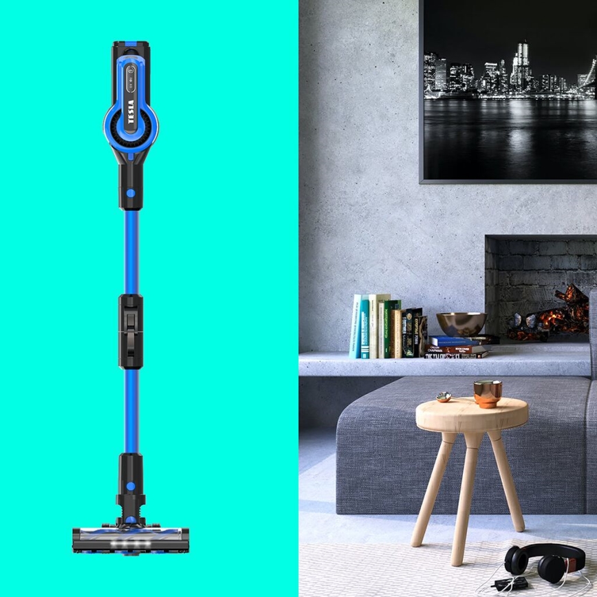 TESLA Electronics PureStar - Гъвкав безжичен прахосмукачка тип пръчка 3 в 1 300W/2200 mAh черно/синьо