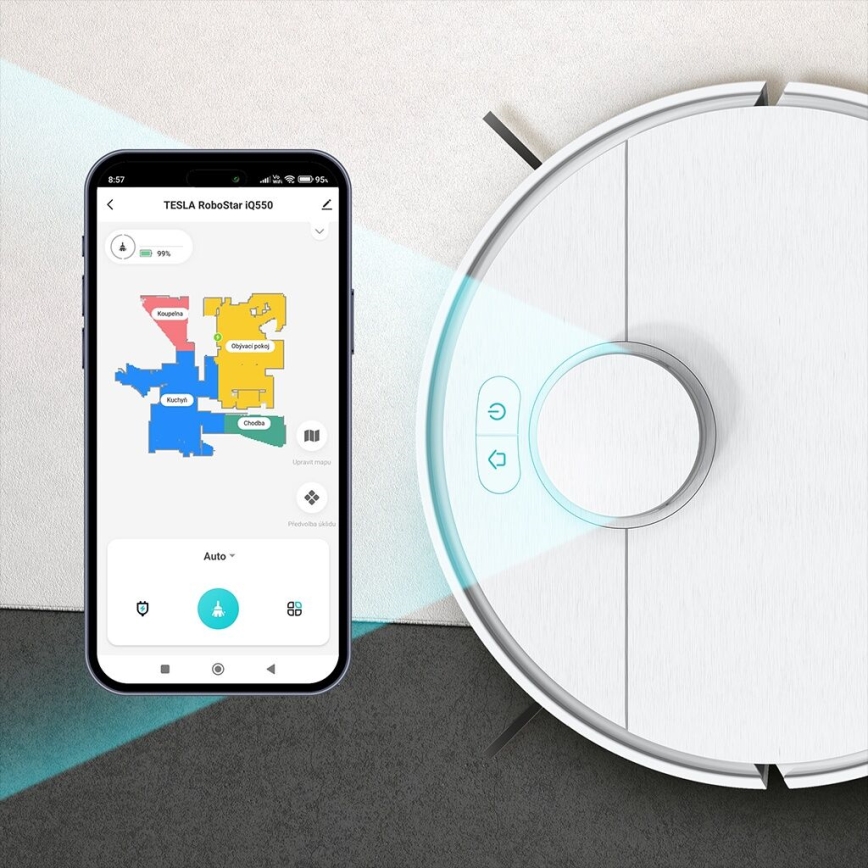 TESLA Electronics RoboStar - Интелигентна прахосмукачка робот 2в1 2550 mAh Wi-Fi бял