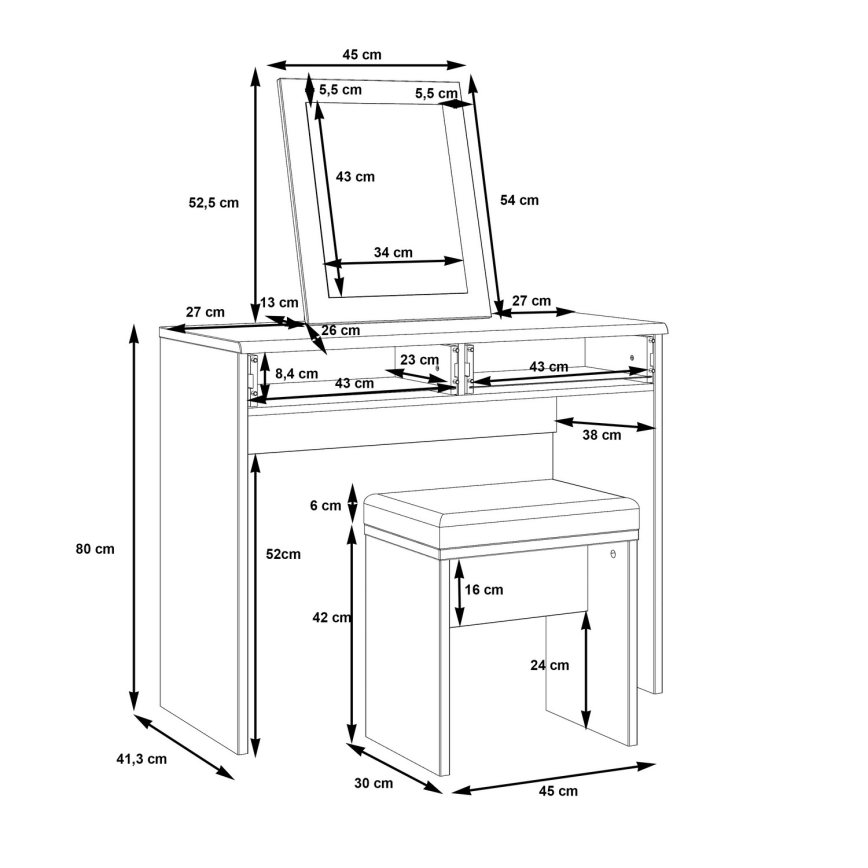 Тоалетка ERO + табуретка кафява/черна