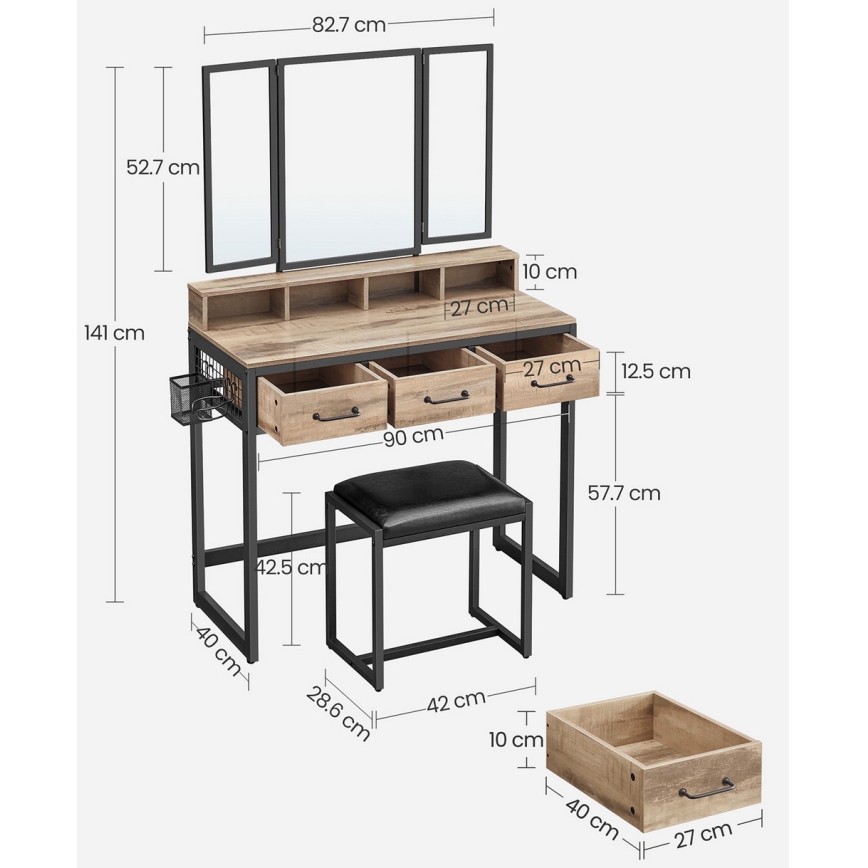 Тоалетка с табуретка 28,6x42 cm FLORA кафява/черна