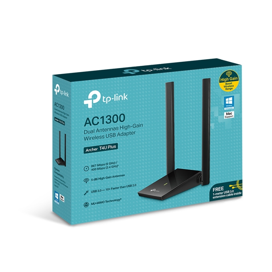 TP-Link - Безжичен USB мрежов адаптер с антени с висок коефициент на усилване Archer T4U Plus Wi-Fi