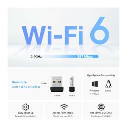 TP-Link - Безжичен Wi‑Fi 6 USB нано адаптер Archer TX1U Nano