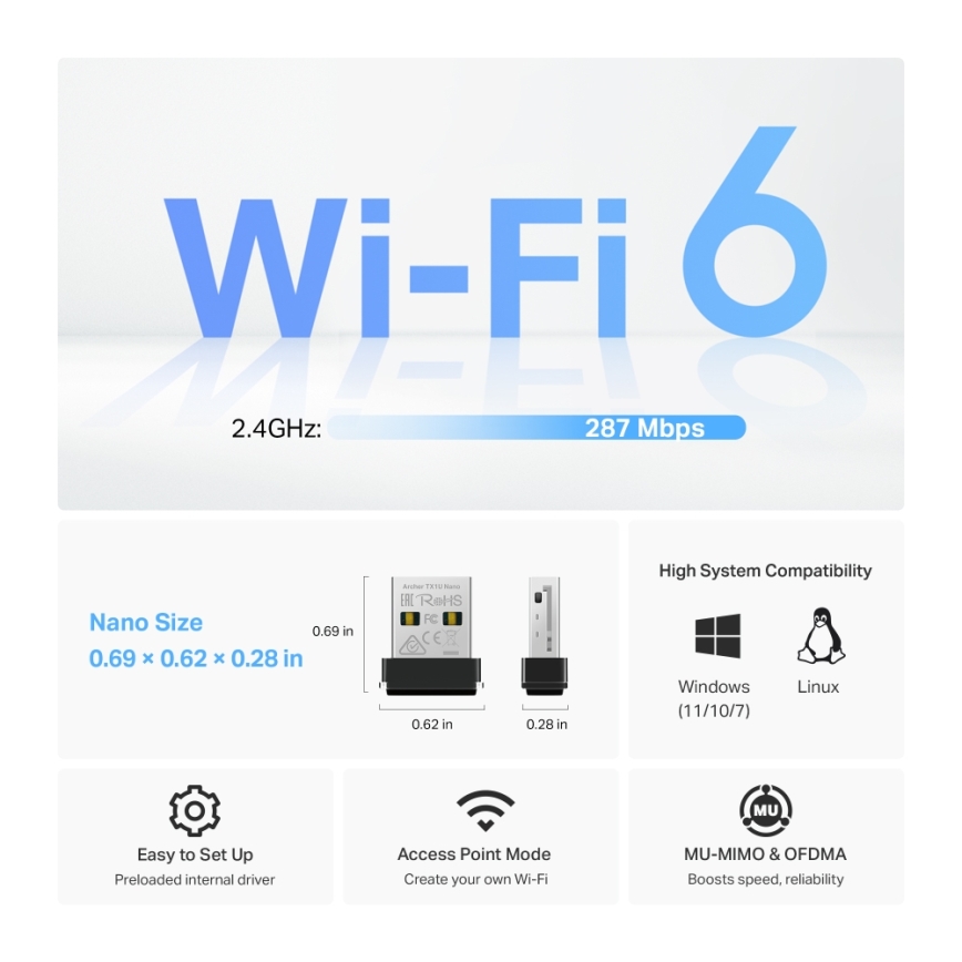 TP-Link - Безжичен Wi‑Fi 6 USB нано адаптер Archer TX1U Nano