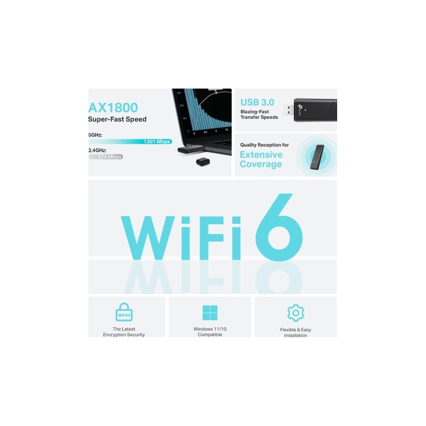 TP-Link - Двулентов безжичен USB адаптер с Wi-Fi 6
