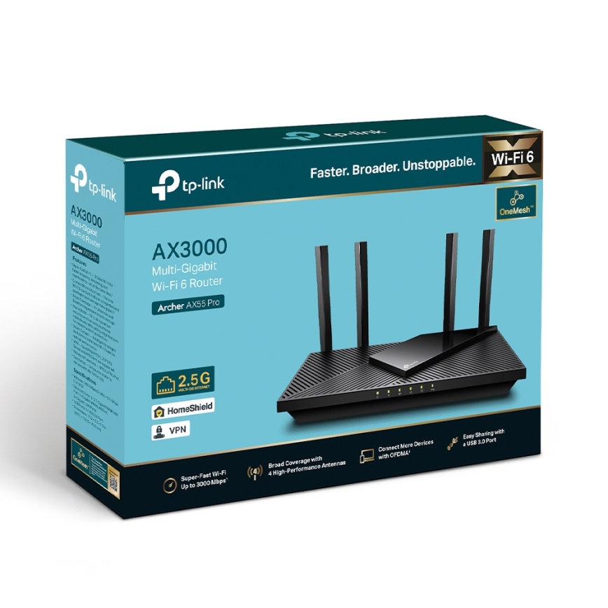 TP-Link - двулентов мултигигабитен Wi‑Fi 6 рутер Archer AX55 Pro с 2,5G порт