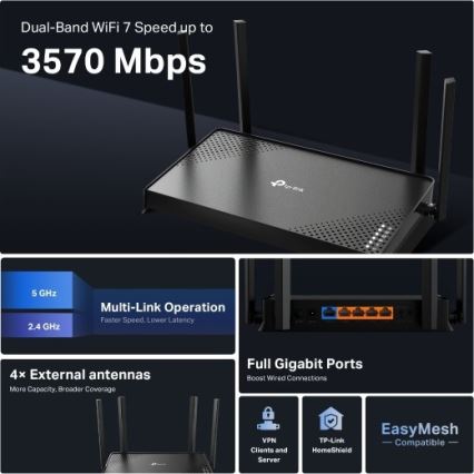 TP-Link - Двулентов Wi-Fi 7 рутер Archer BE220