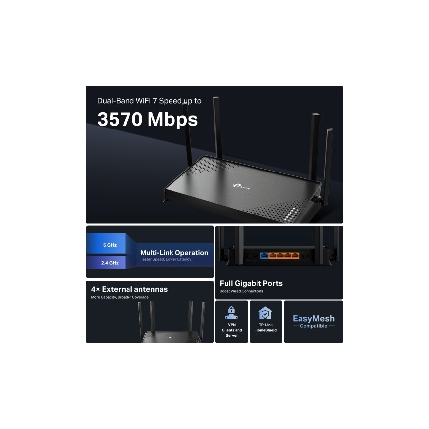 TP-Link - Двулентов Wi-Fi 7 рутер Archer BE220