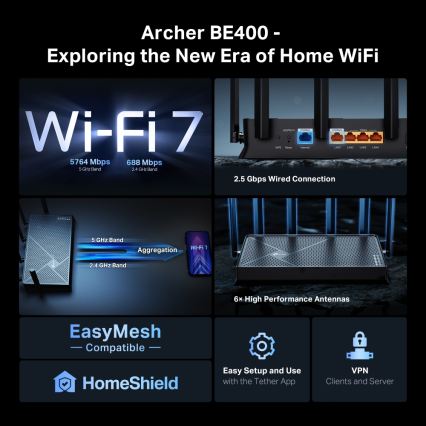 TP-Link - Двулентов Wi-Fi 7 рутер Archer BE400
