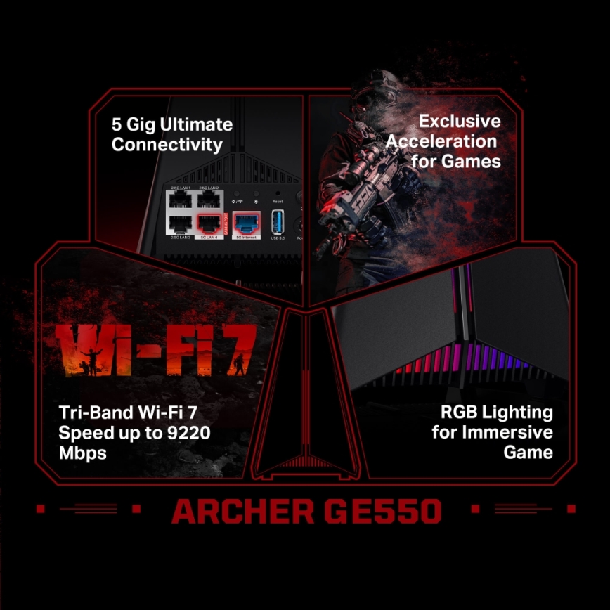 TP-Link - Геймърски трилентов Wi-Fi 7 рутер Archer GE550