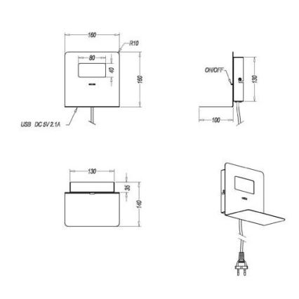 Trio - LED Аплик с рафт ALOFT LED/3W/230V + USB порт