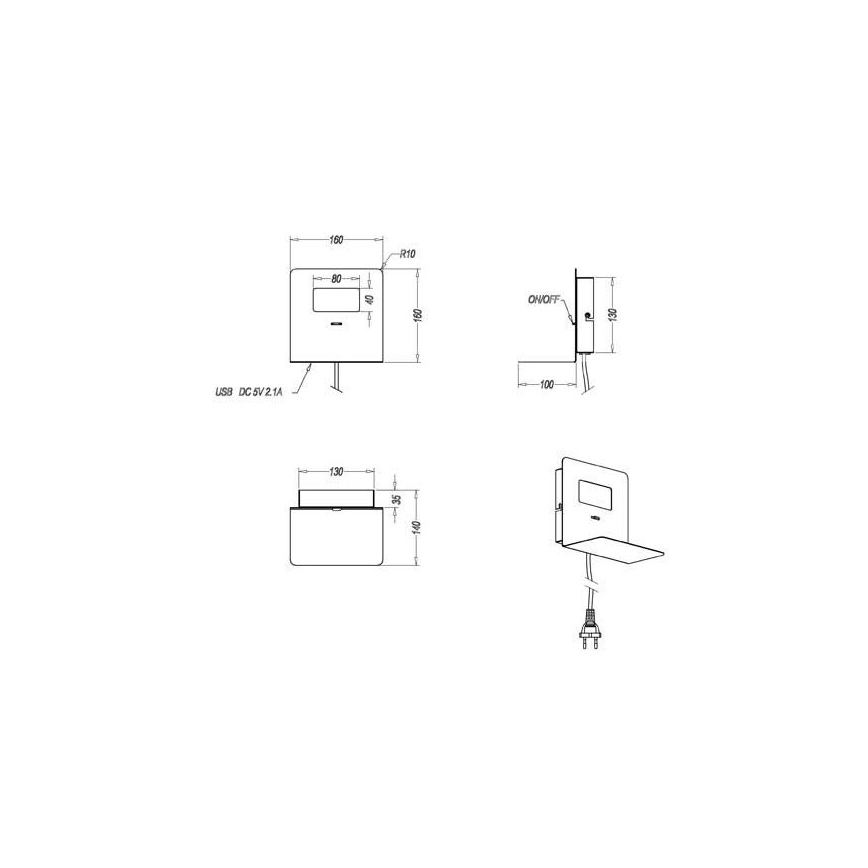 Trio - LED Аплик с рафт ALOFT LED/3W/230V + USB порт