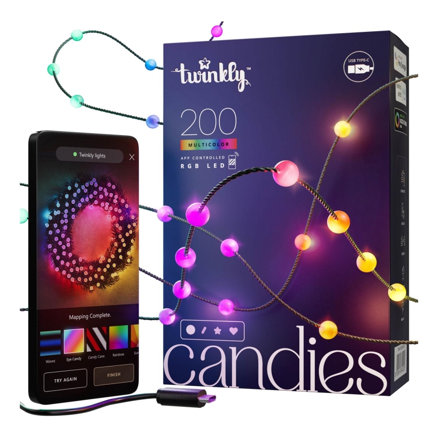 Twinkly - LED RGB Димируем коледни лампички CANDIES 200xLED 14 м USB Wi-Fi