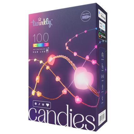 Twinkly - RGB LED гирлянда CANDIES с регулируема яркост, 100 светодиода, 8 м, USB, Wi‑Fi