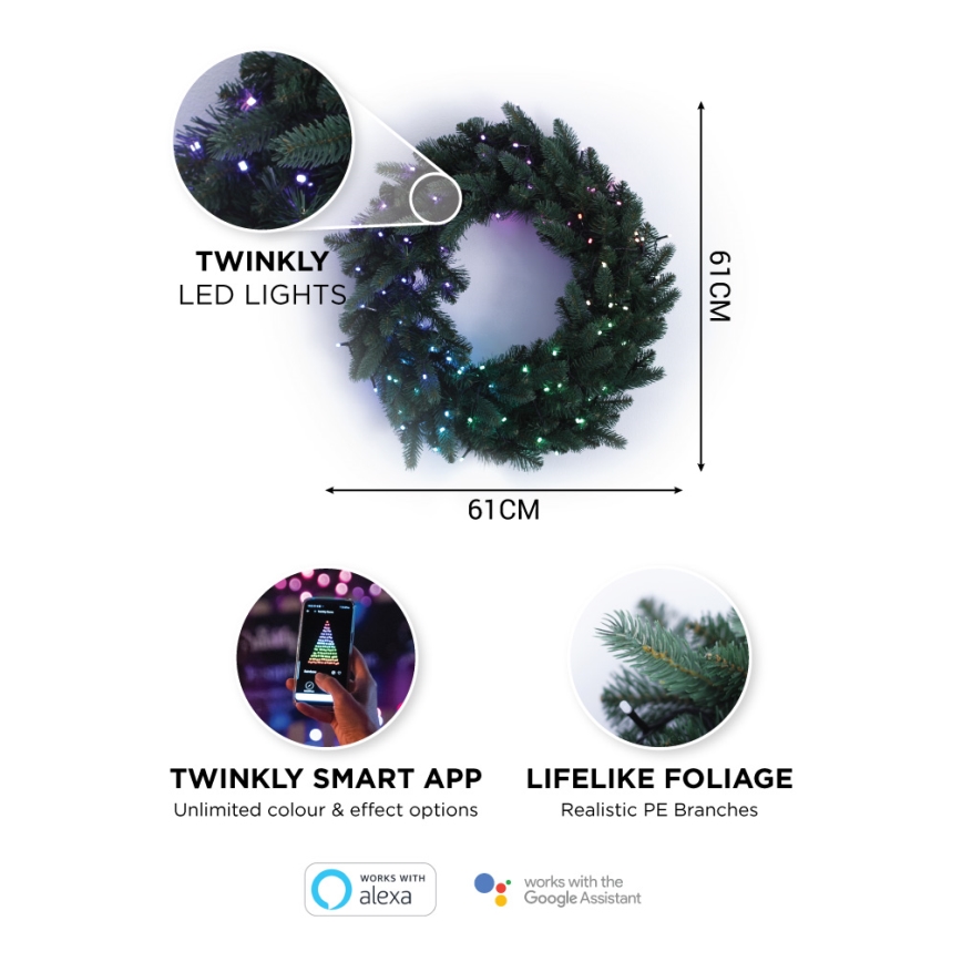 Twinkly - LED RGB Димируем Коледен венец PRE-LIT WREATH 50xLED Ø 61 см Wi-Fi