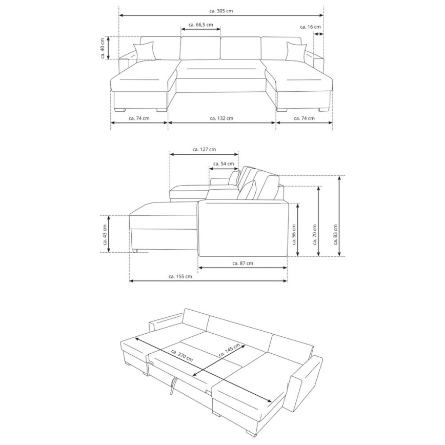 U-образен разтегателен ъглов диван с място за съхранение JANISE, сив