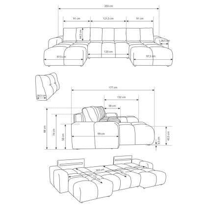 U-образен тапициран разтегаем диван с вградено място за съхранение ALMADA, бежов