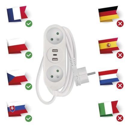 Удължителен кабел 2 гнезда + 2x USB-A + USB-C 1,4 м