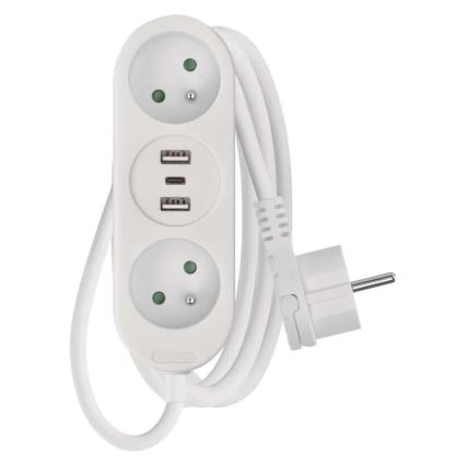 Удължителен кабел 2 гнезда + 2x USB-A + USB-C 1,4 м