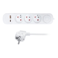Удължител 2 м с ключ, 3 гнезда и USB A+C за зареждане