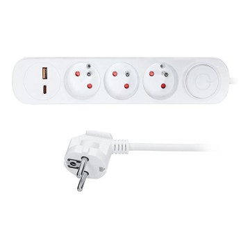 Удължител 2 м с ключ, 3 гнезда и USB A+C за зареждане
