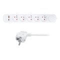 Удължител 3 м с ключ, 5 гнезда и USB A+C за зареждане