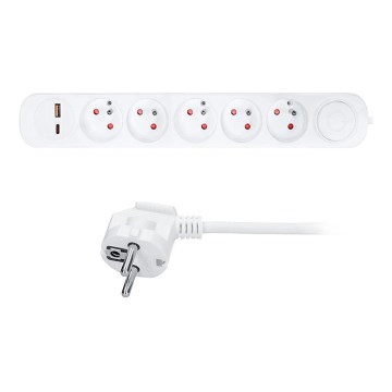 Удължител 3 м с ключ, 5 гнезда и USB A+C за зареждане